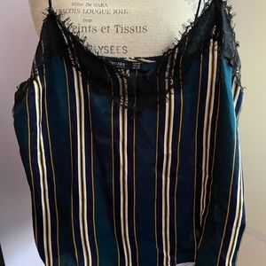 Bershka strappy striped lacey top- green navy gold and white - like new
